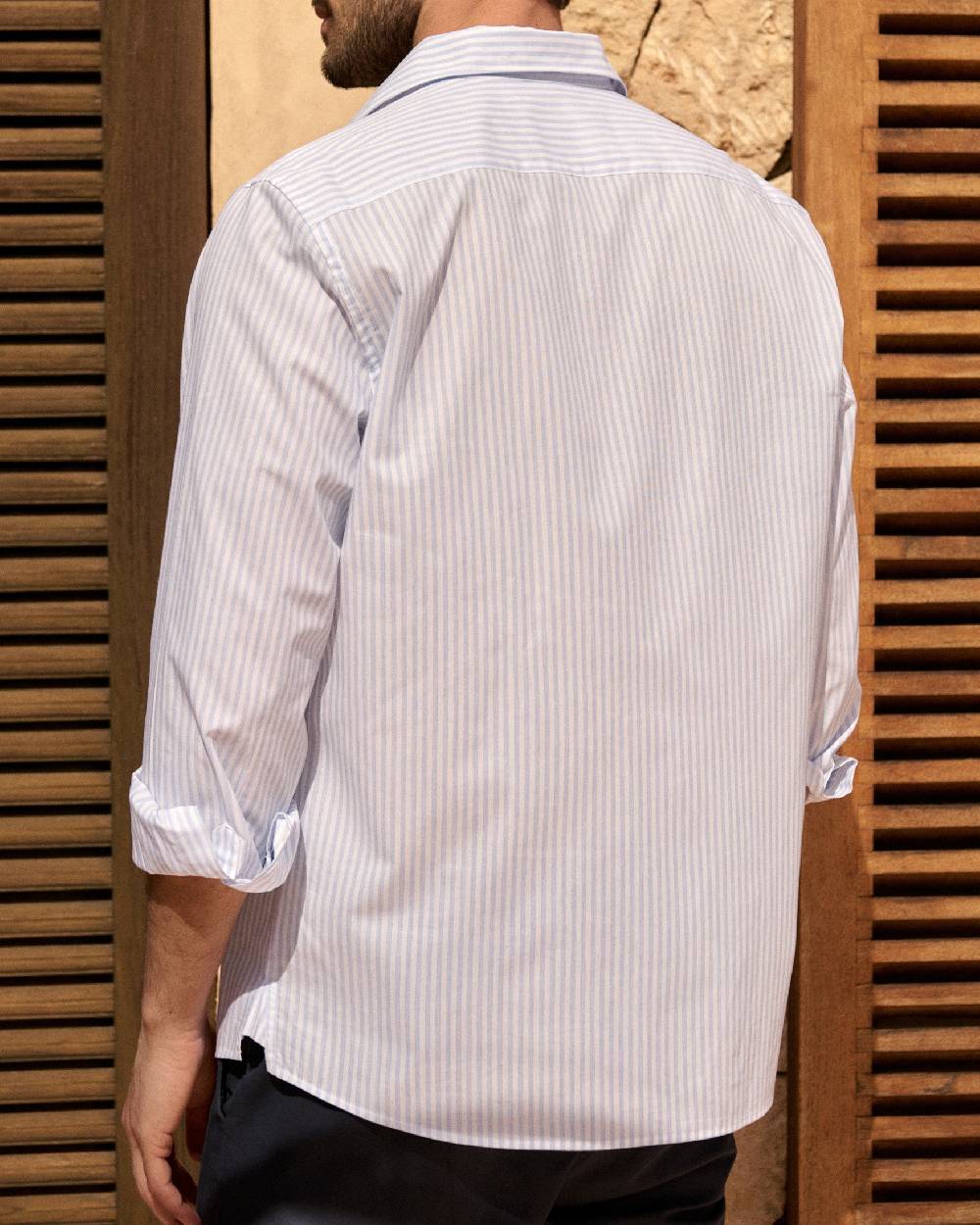 Manebí Poplin Panama Shirt - Light Blue \u0026 White Watercolor Stripes Nuovo