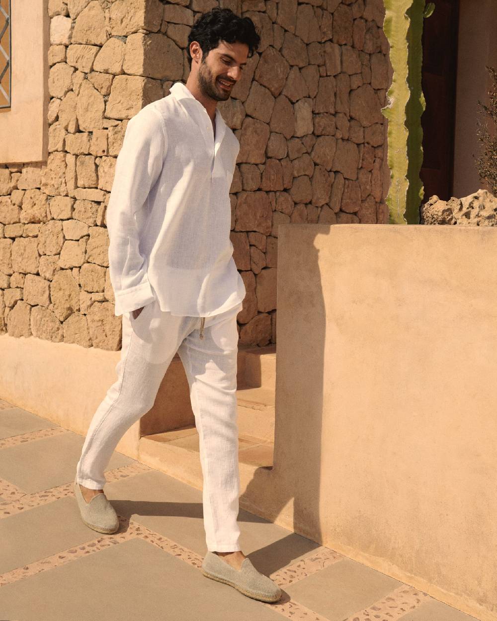 Manebí Linen Nassau Polo Shirt - Embroidered Palm Off White Fino Al -60%