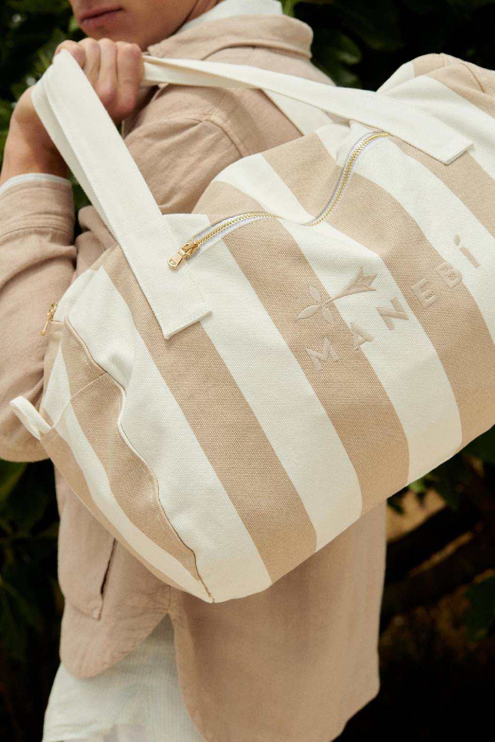 Manebí Canvas Weekend Bag - Embroidered Logo White and Beige Stripes Novità