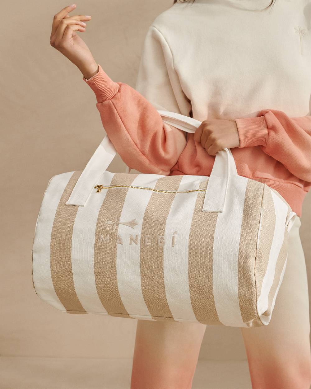 Manebí Canvas Weekend Bag - Embroidered Logo White and Beige Stripes Novità