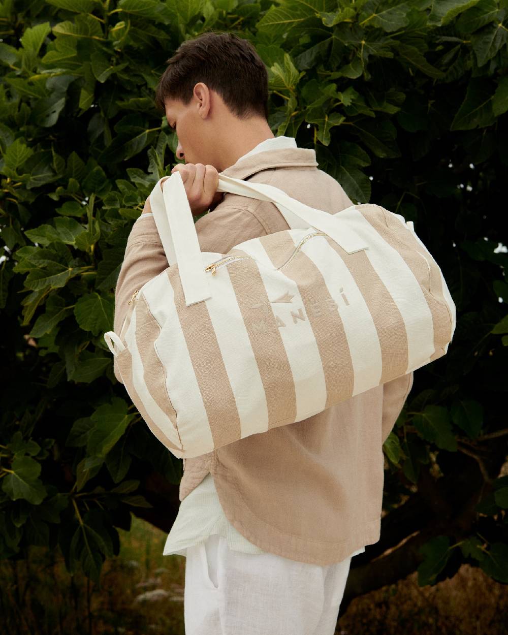 Manebí Canvas Weekend Bag - Embroidered Logo White and Beige Stripes Novità