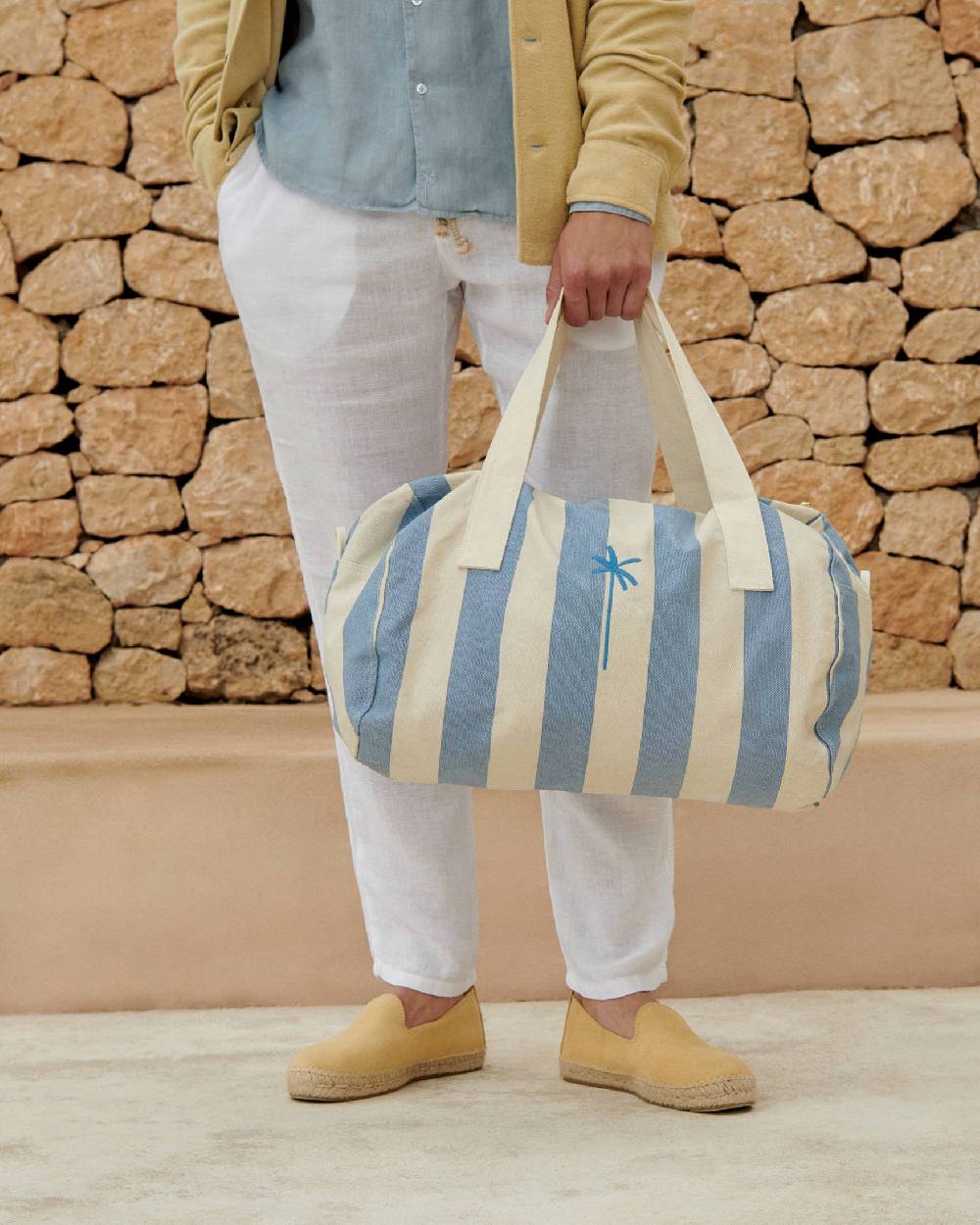 Manebí Canvas Weekend Bag - Embroidered Logo White and Indigo Stripes Outlet