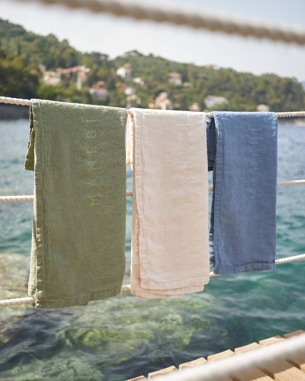 Manebí Washed Linen Beach Towel - Embroidered Logo Sage Nuova