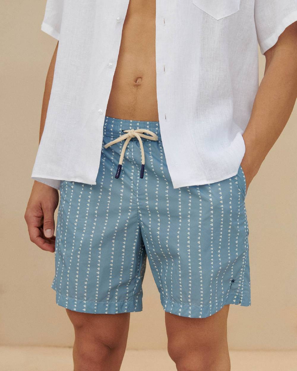 Manebí Printed Swim Shorts - Indigo with White Linear Triangles Affare Del Giorno