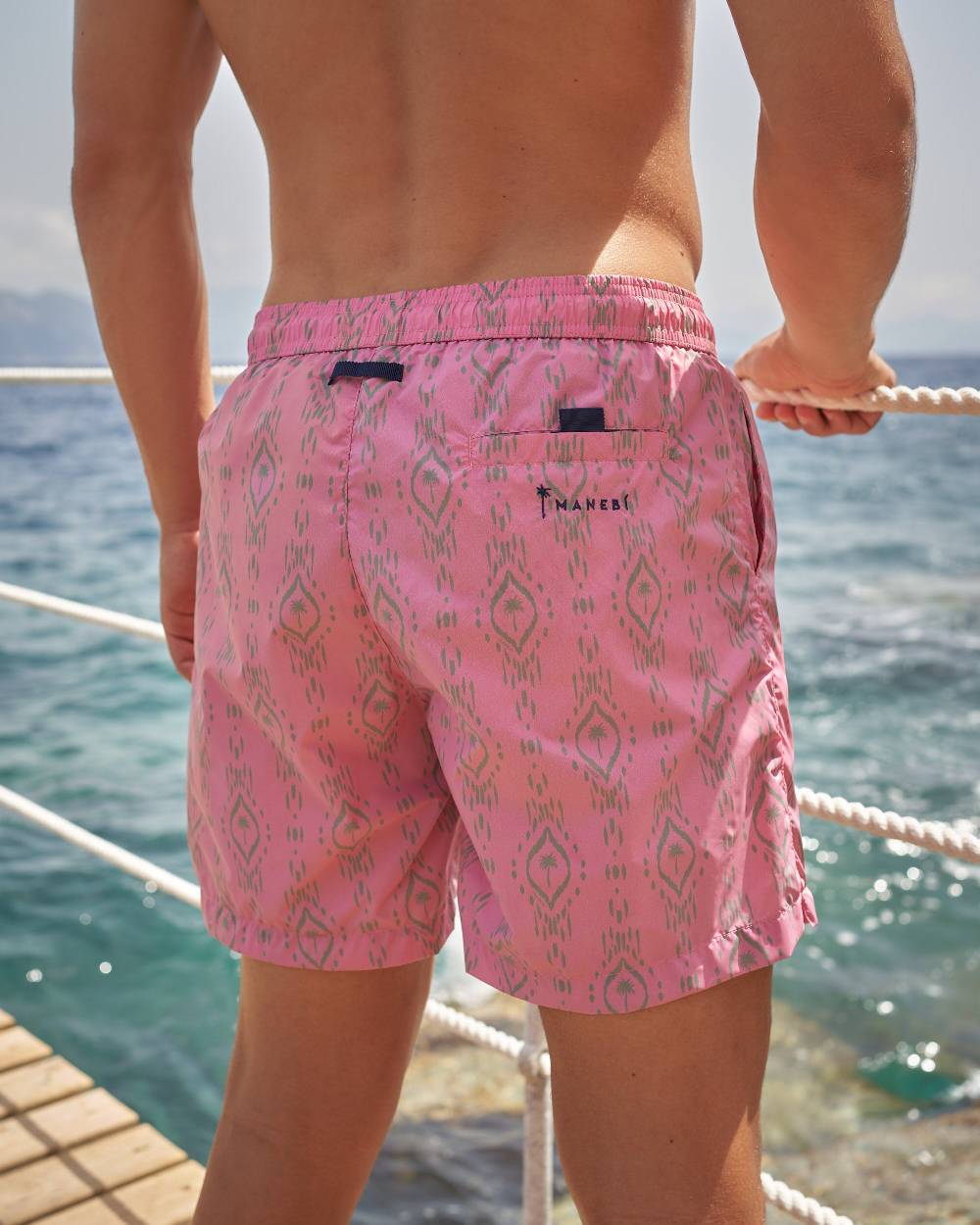 Manebí Printed Ikat With Palm Swim Shorts - Recycled Ultra Light Antique Rose Kaki Ikat W Palm Presa