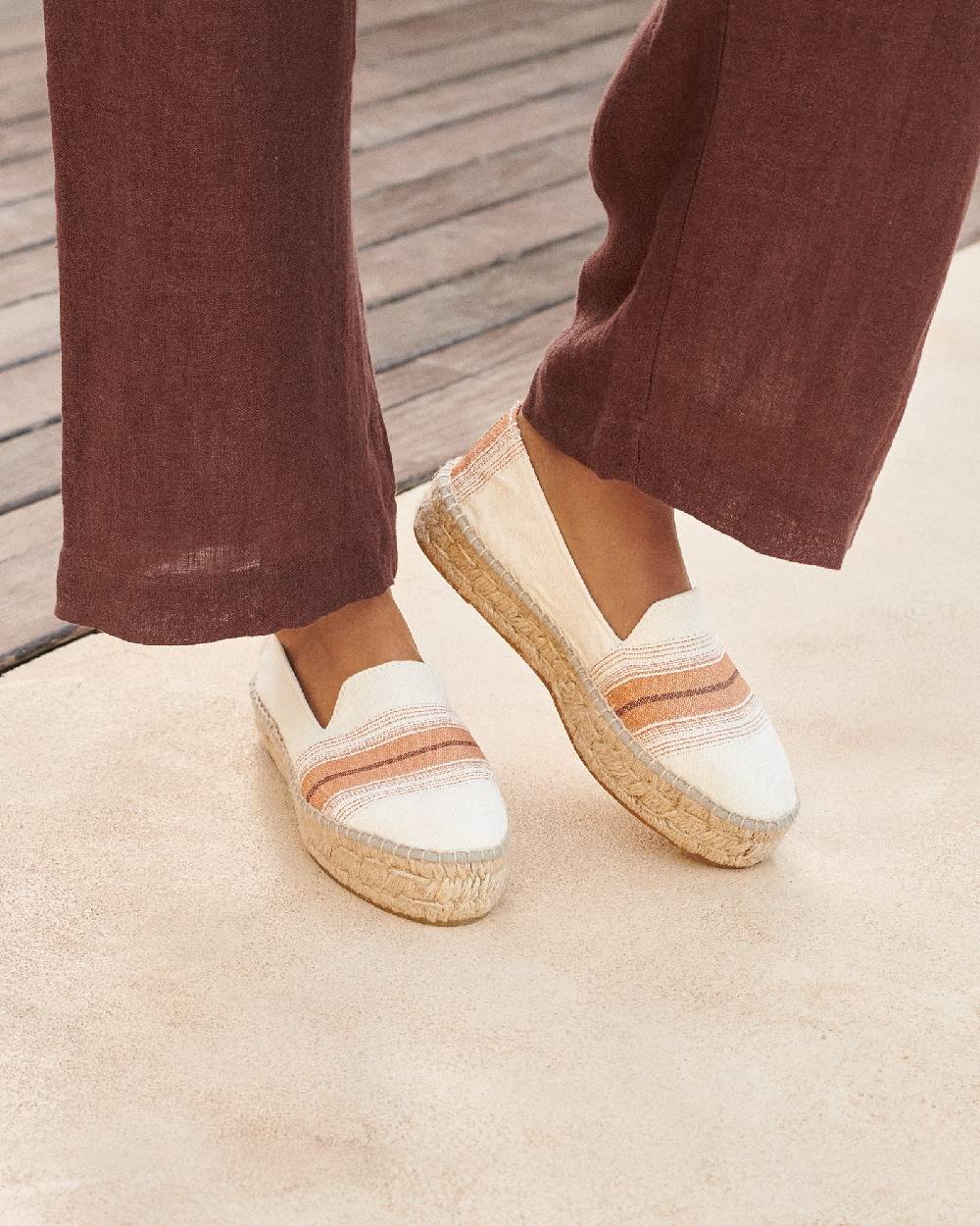 Manebí Cotton Linen And Silk Raw Fabric|Double Sole Espadrilles - Rust Macro Stripe Moda