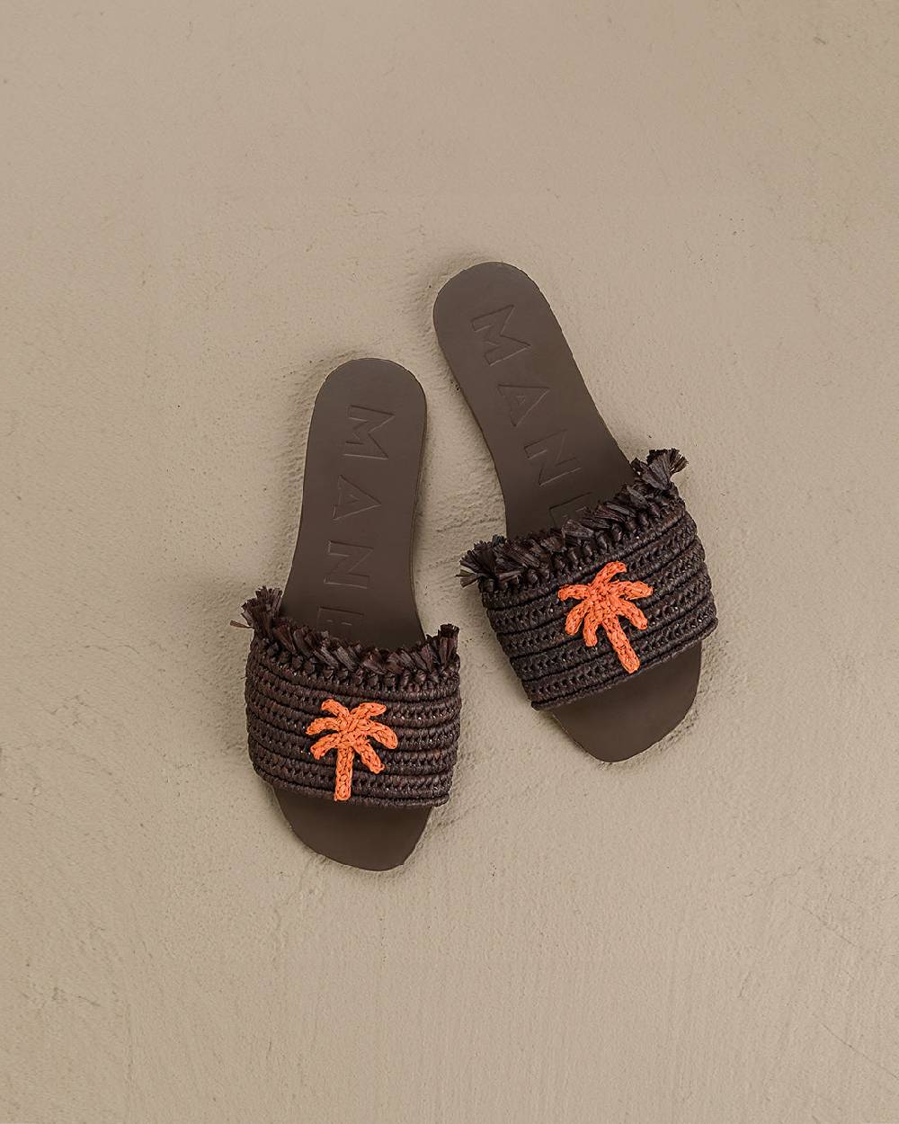 Manebí Fringed Knots Raffia|and Leather Sandals - Yucatán Cocoa With Orange Dust Palm Italia