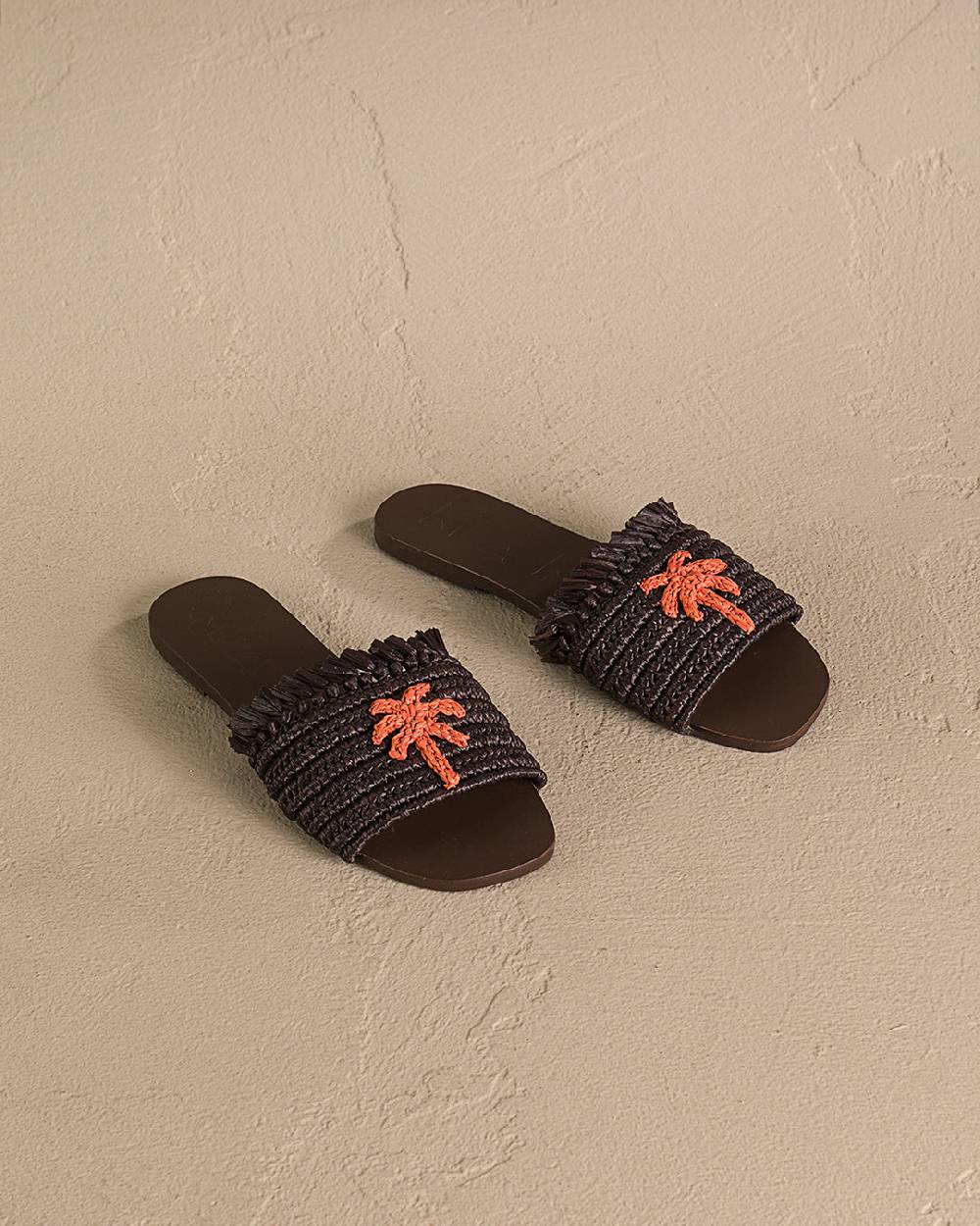 Manebí Fringed Knots Raffia|and Leather Sandals - Yucatán Cocoa With Orange Dust Palm Italia