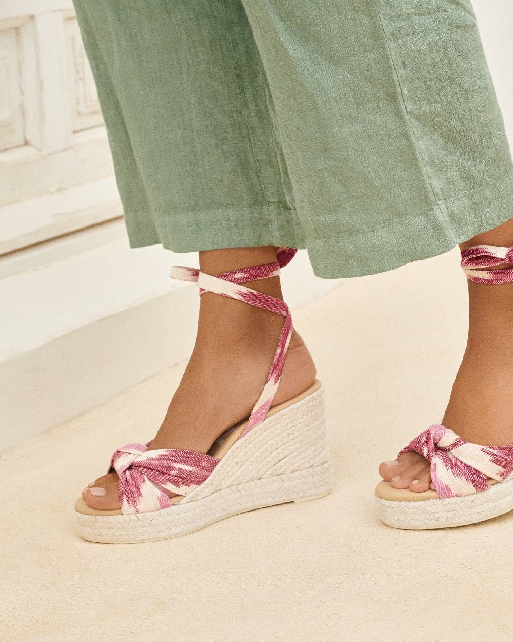 Manebí Dyed Cotton Wedge Espadrilles|With Knot - Tulum Pink And White Ikat 2025