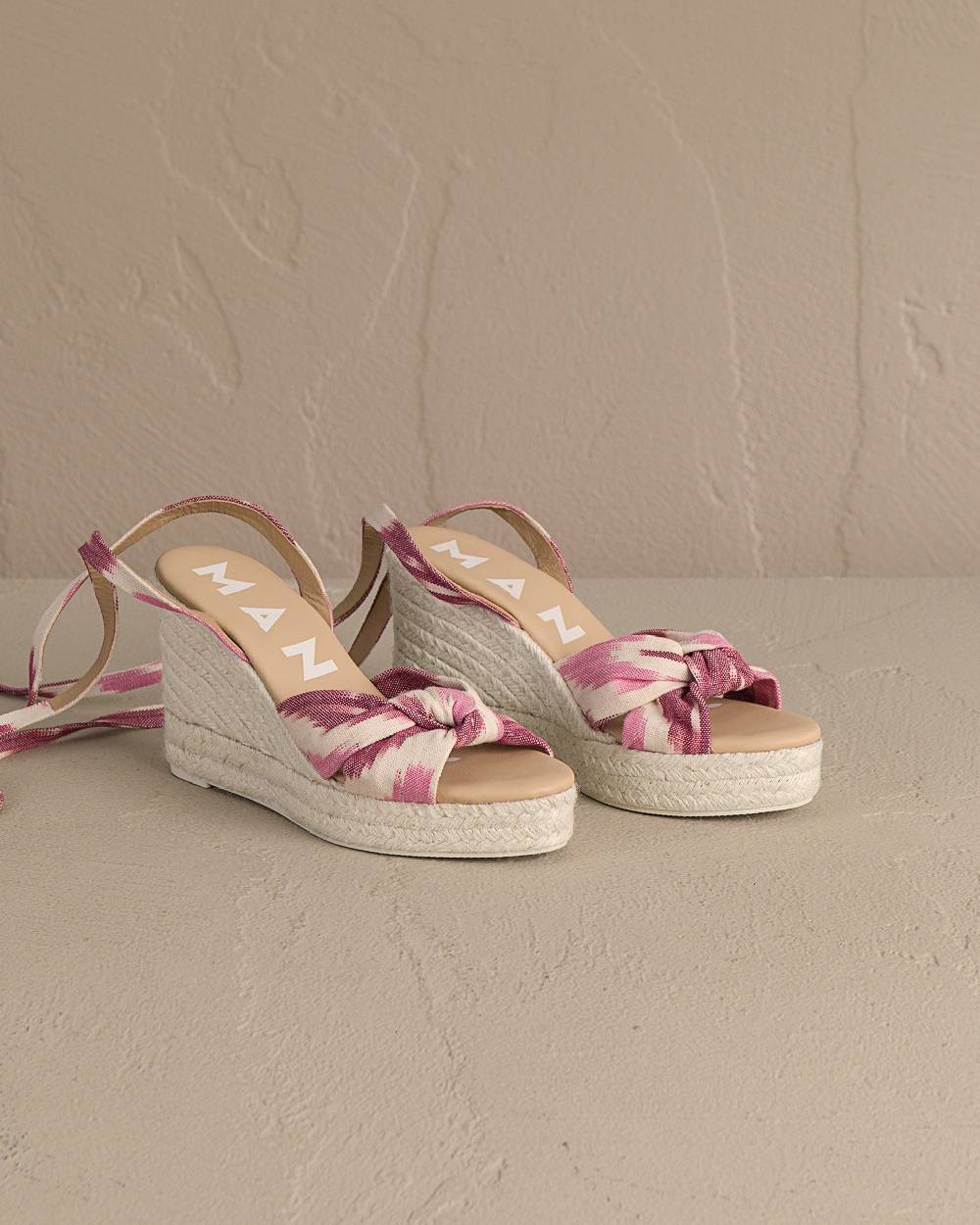 Manebí Dyed Cotton Wedge Espadrilles|With Knot - Tulum Pink And White Ikat 2025