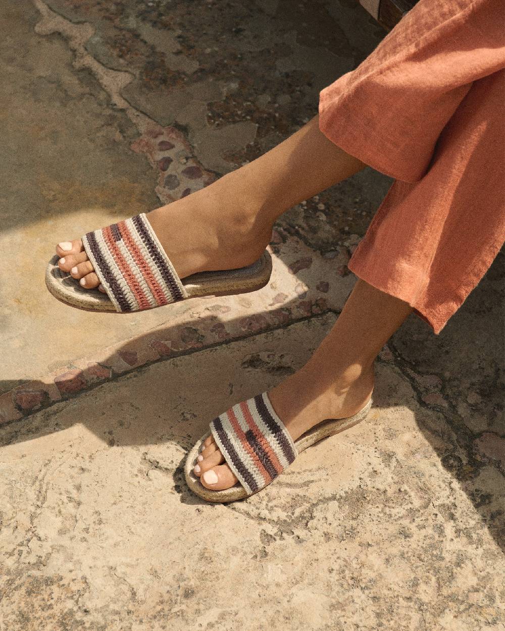 Manebí Cotton Crochet Jute Sandals - Cocoa \u0026 Orange Rust Stripes In Linea
