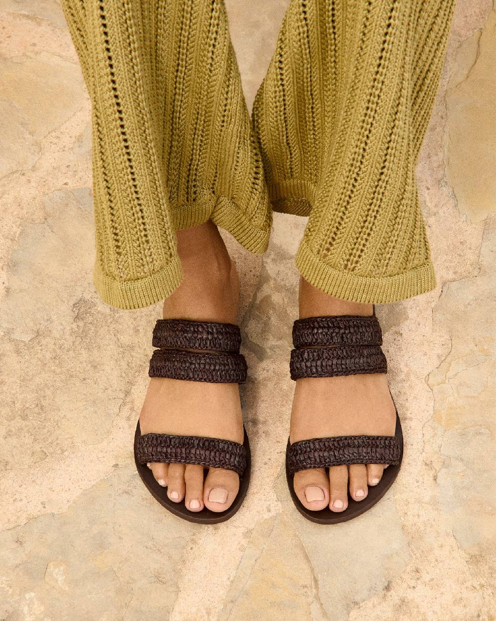 Manebí Raffia Stripes Leather|Three Bands Sandals - Cocoa Acquista Ora