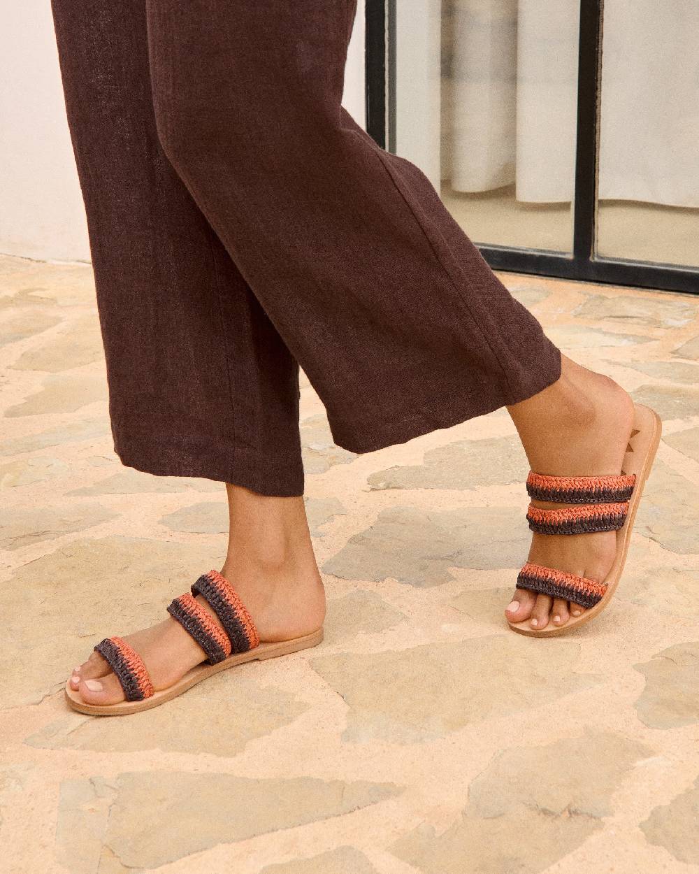 Manebí Raffia Stripes Leather|Three Bands Sandals - Orange Rust \u0026 Cocoa Fino Al -60%