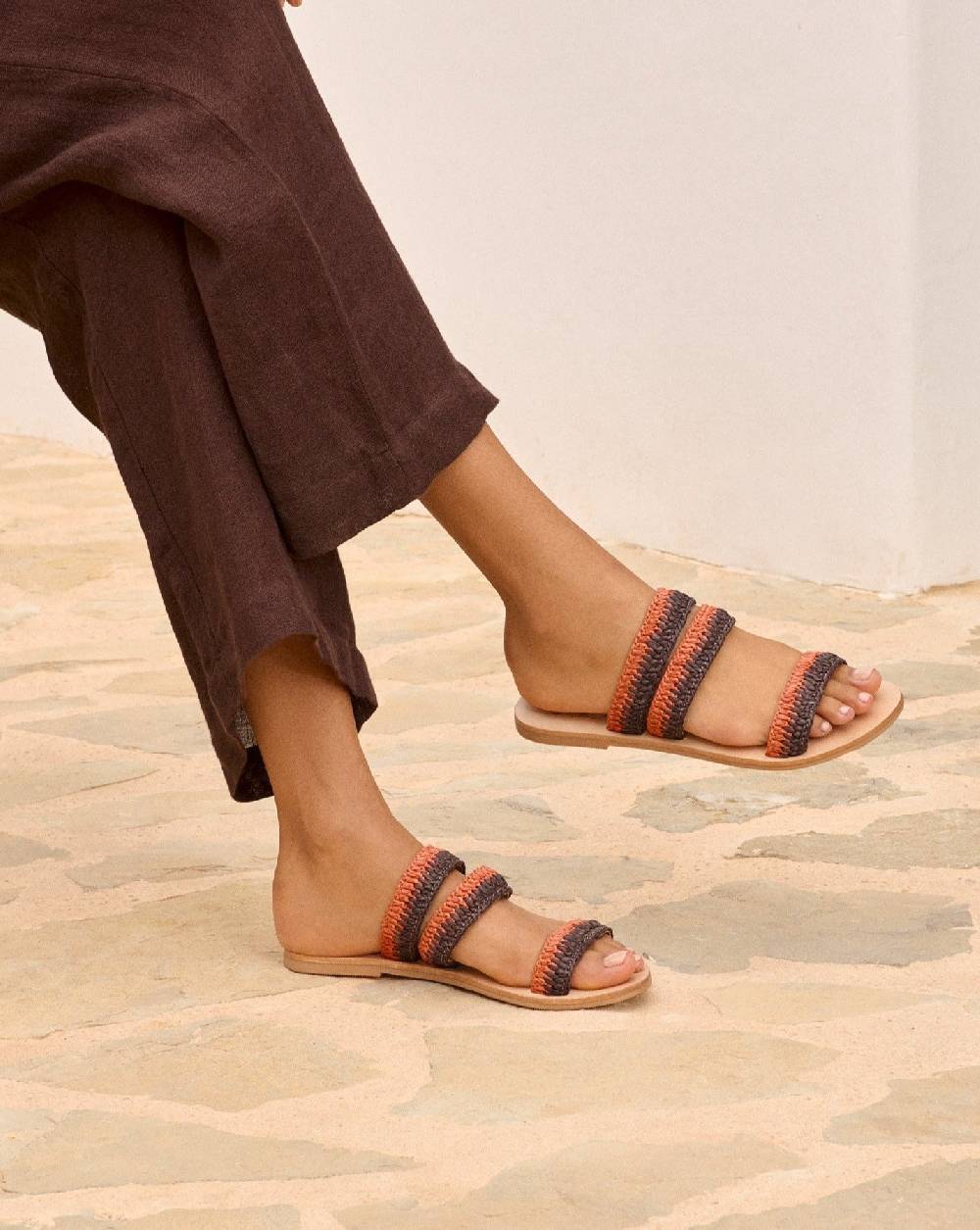 Manebí Raffia Stripes Leather|Three Bands Sandals - Orange Rust \u0026 Cocoa Fino Al -60%