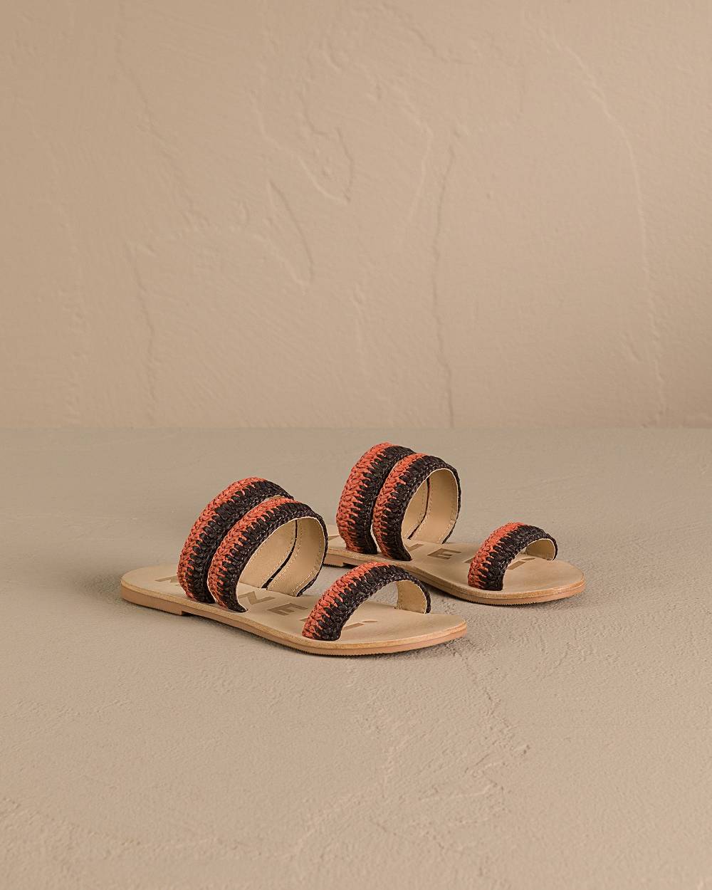 Manebí Raffia Stripes Leather|Three Bands Sandals - Orange Rust \u0026 Cocoa Fino Al -60%