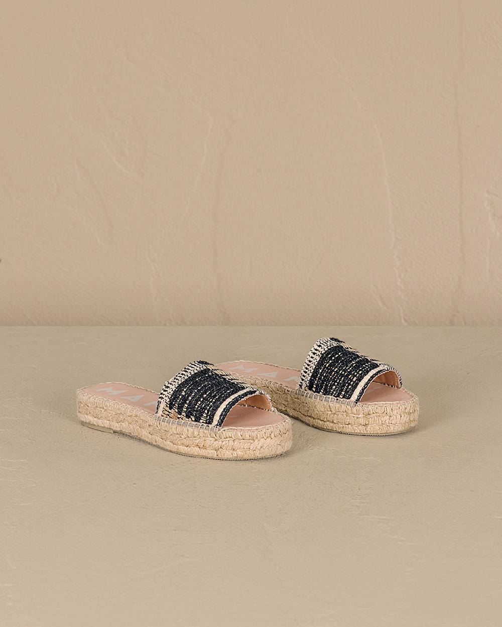Manebí Silk And Cotton Patchwork|Double Sole Slides - Yucatán White Natural And Black Sottocosto