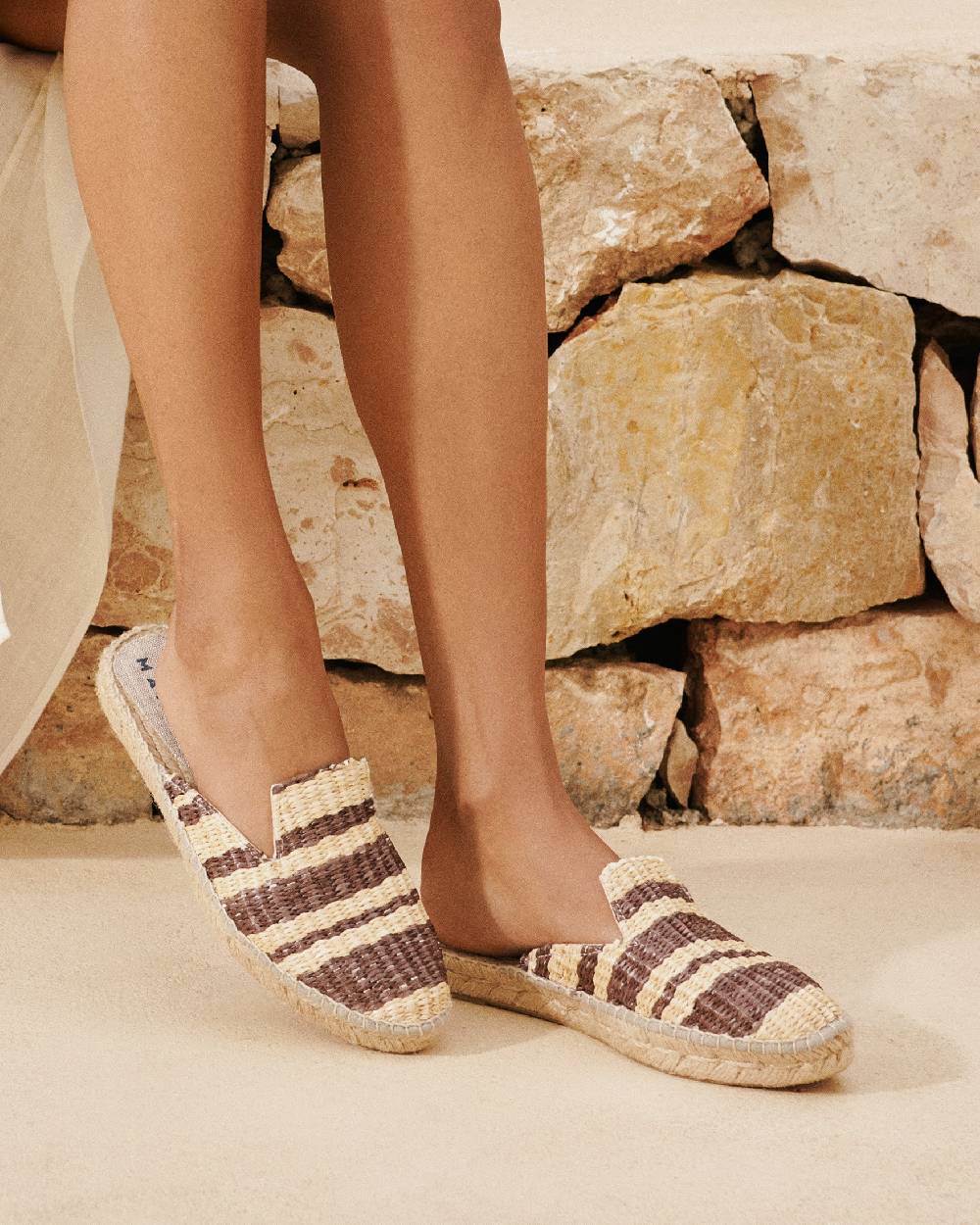 Manebí Raffia Stripes Mules - Cocoa \u0026 Natural In Saldo