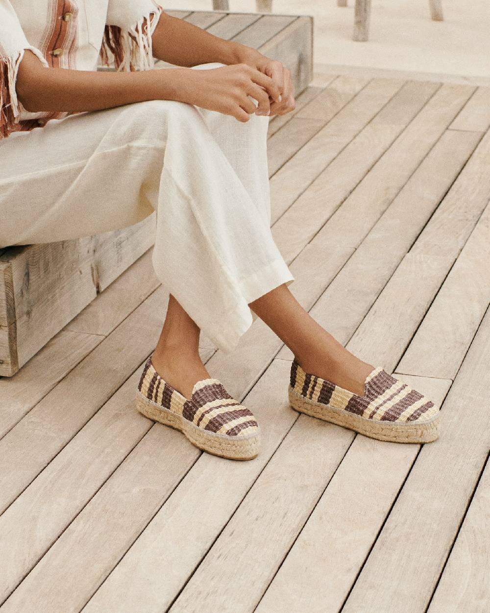 Manebí Raffia Stripes Double Sole Espadrilles - Cocoa \u0026 Natural Nuova