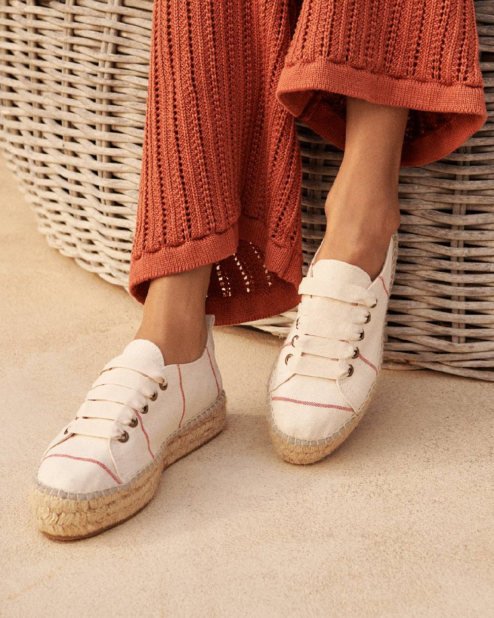 Manebí Woven Canvas|Lace-Up Espadrilles - Red Micro Stripes On Beige Moda