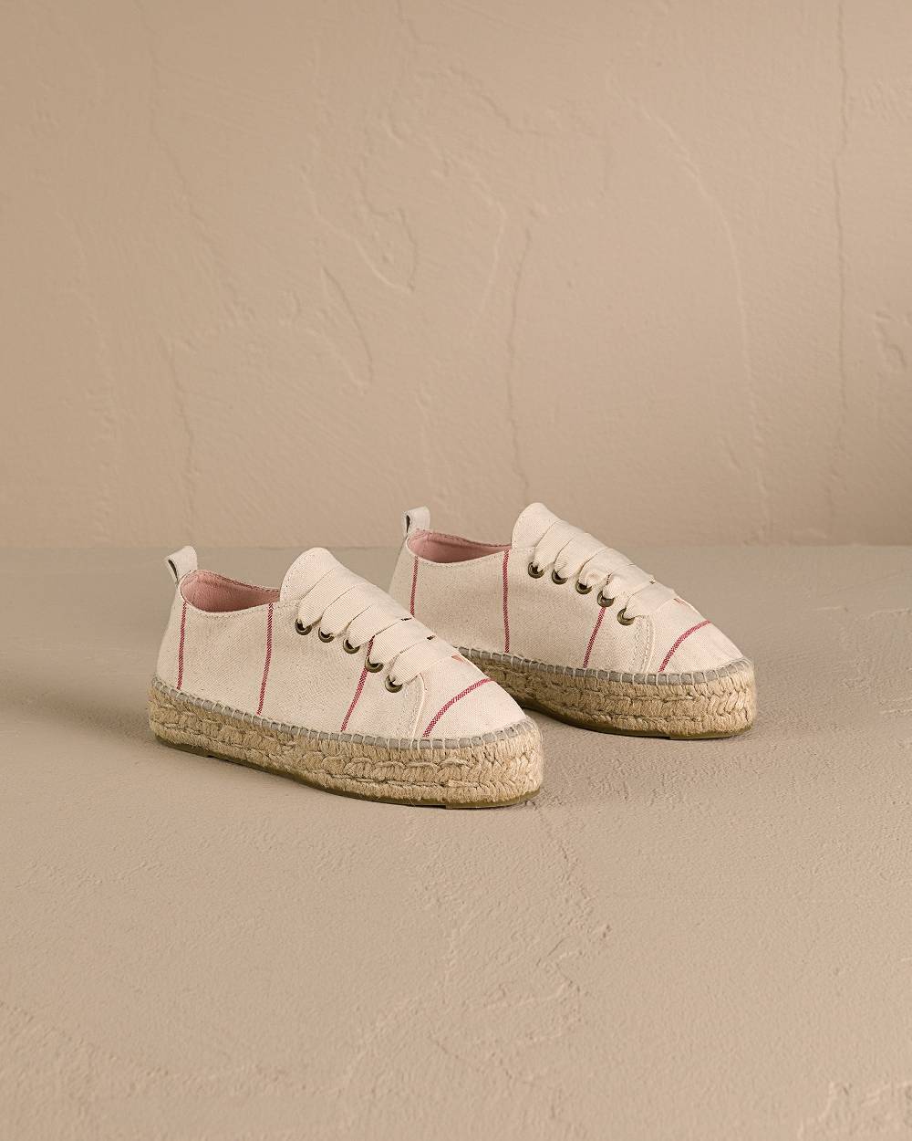 Manebí Woven Canvas|Lace-Up Espadrilles - Red Micro Stripes On Beige Moda