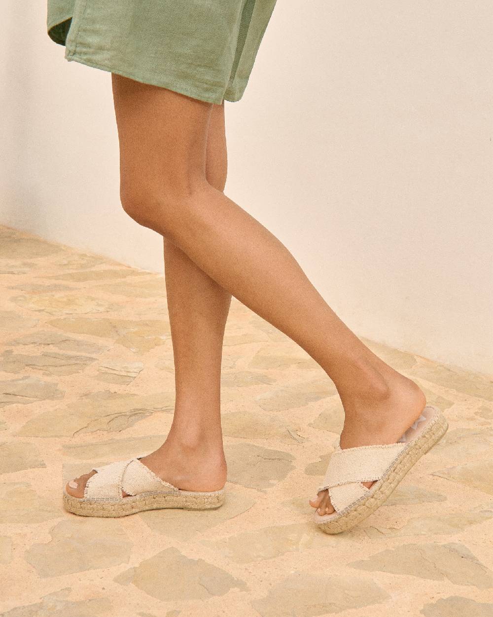 Manebí Coarse Woven Canvas Crossed Bands|Double Sole Sandals - Natural Italy