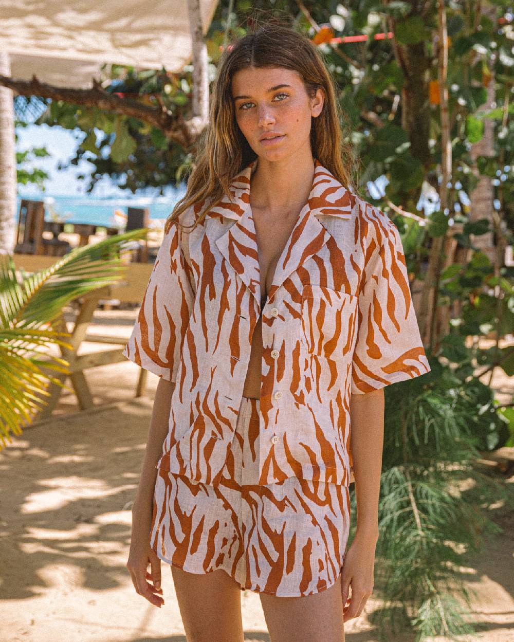 Manebí Printed Linen Cumana Shirt - Eggnog \u0026 Orange Rust Zebra Economico