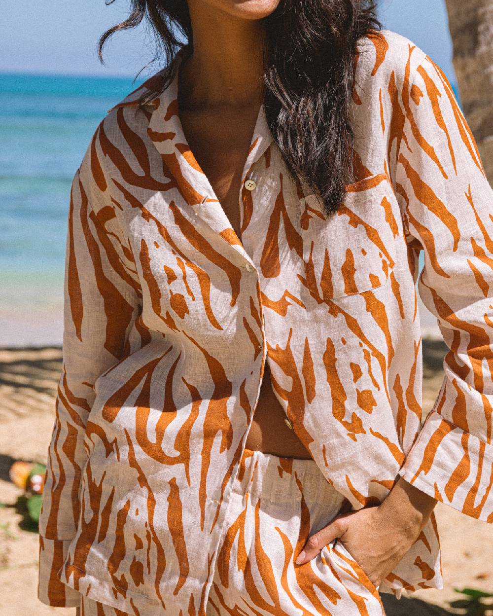 Manebí Printed Linen Natal Shirt - Eggnog \u0026 Orange Rust Zebra Outlet