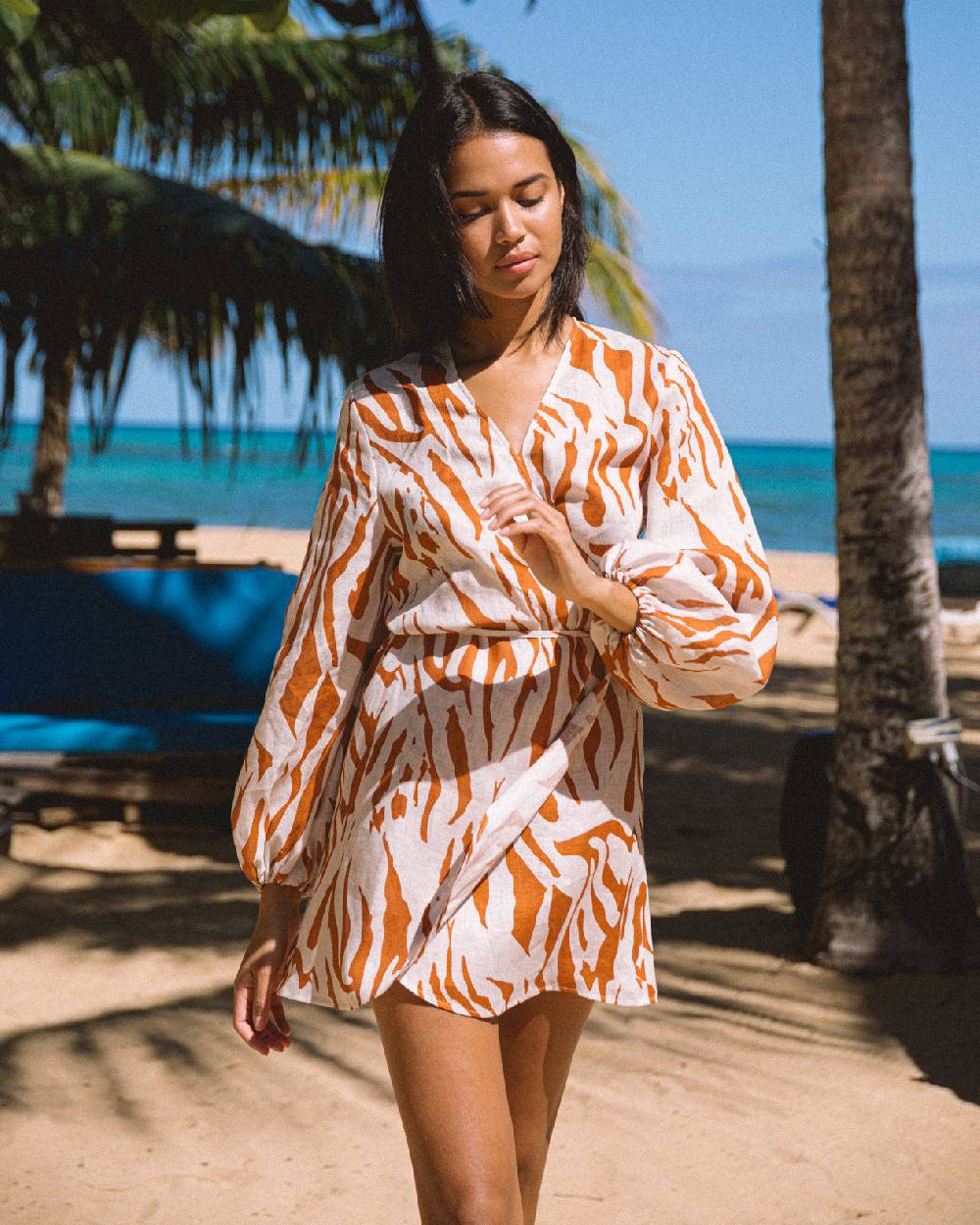 Manebí Printed Linen Caracas Dress - Eggnog \u0026 Orange Rust Zebra Vendita Calda
