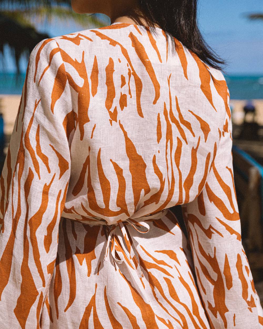 Manebí Printed Linen Caracas Dress - Eggnog \u0026 Orange Rust Zebra Vendita Calda