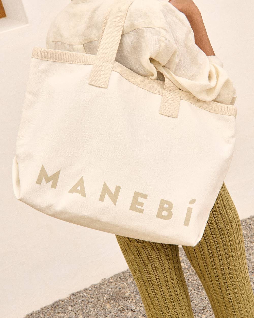 Manebí Canvas California Tote Bag - White With Beige Logo Qualità