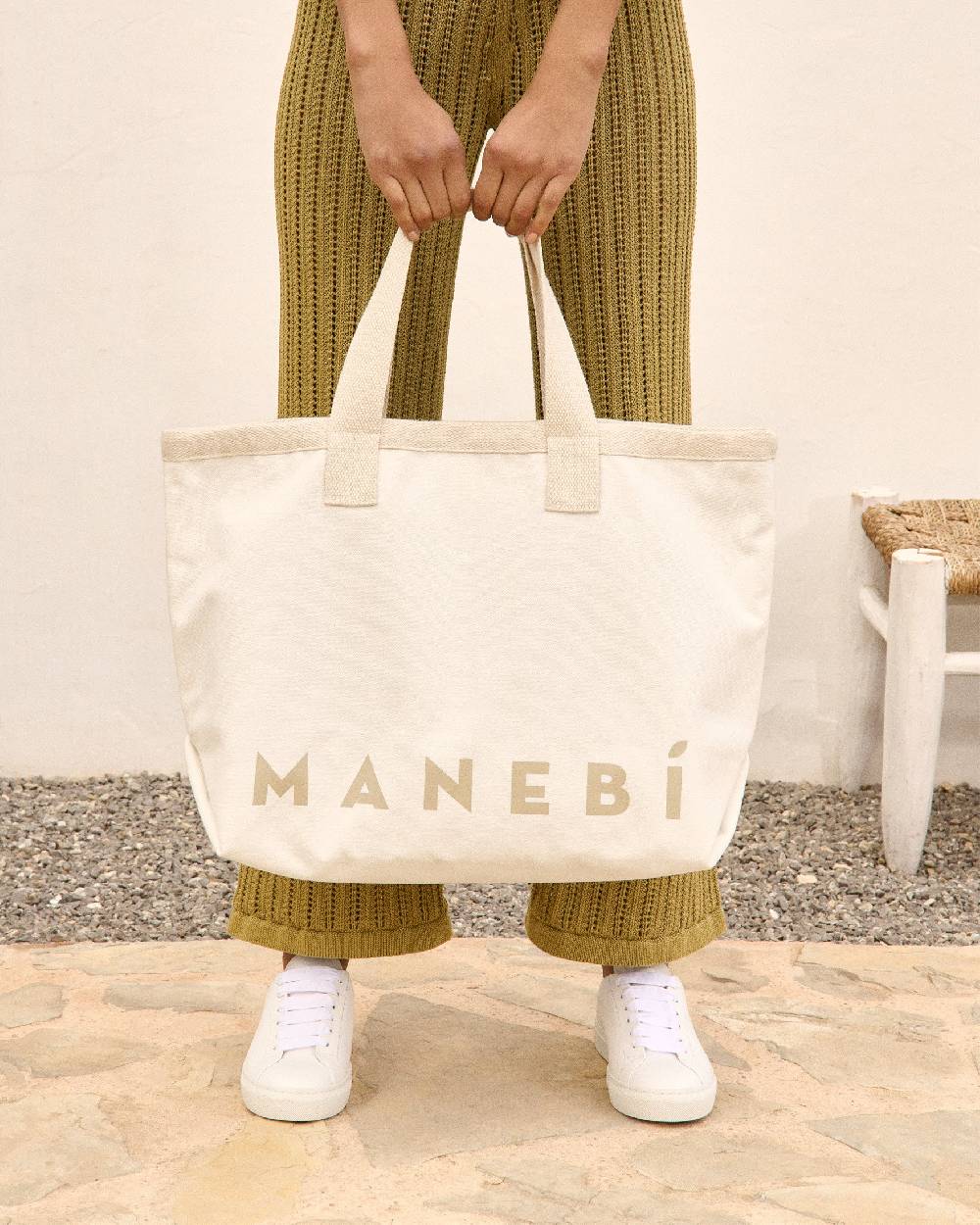 Manebí Canvas California Tote Bag - White With Beige Logo Qualità