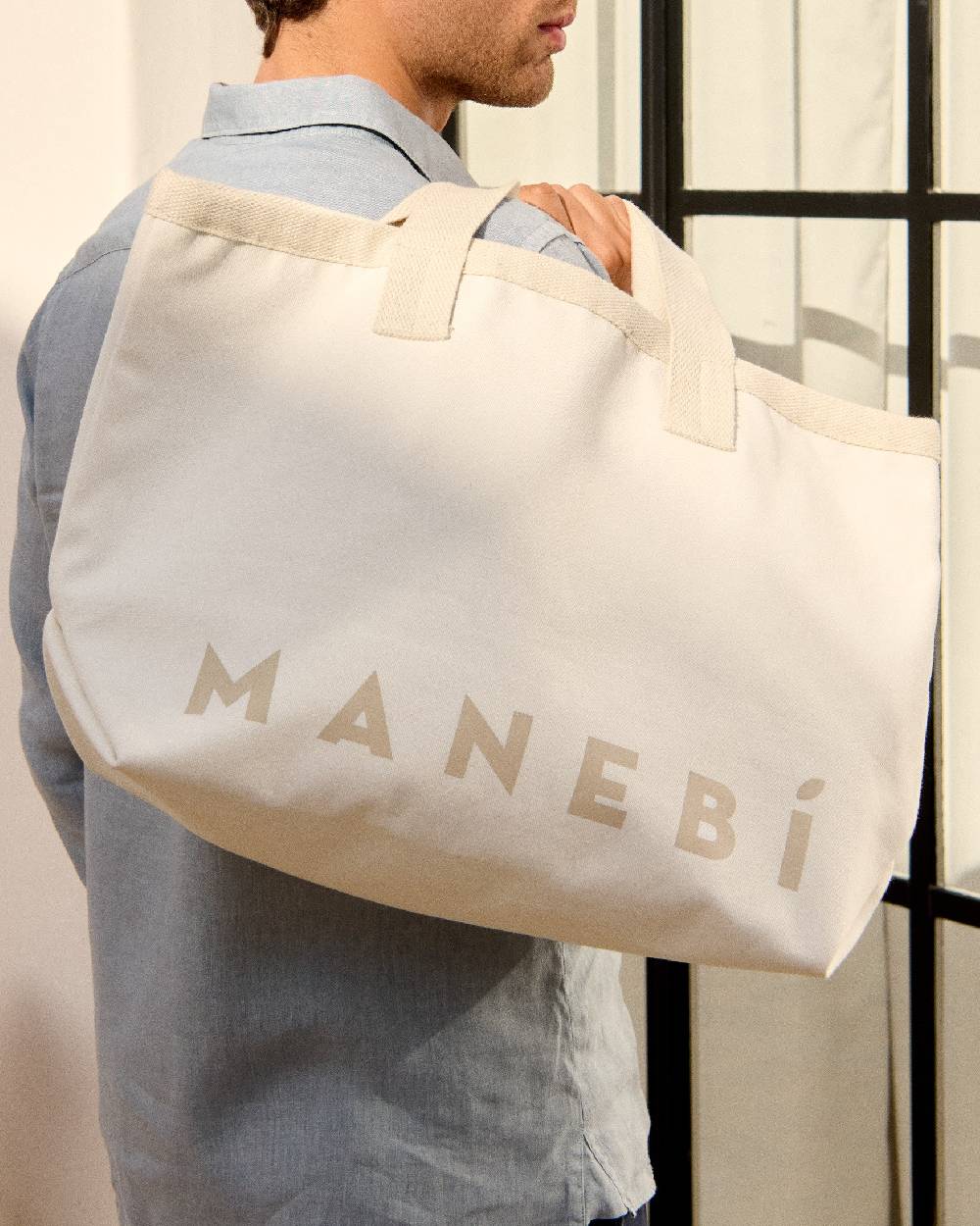 Manebí Canvas California Tote Bag - White With Beige Logo Qualità