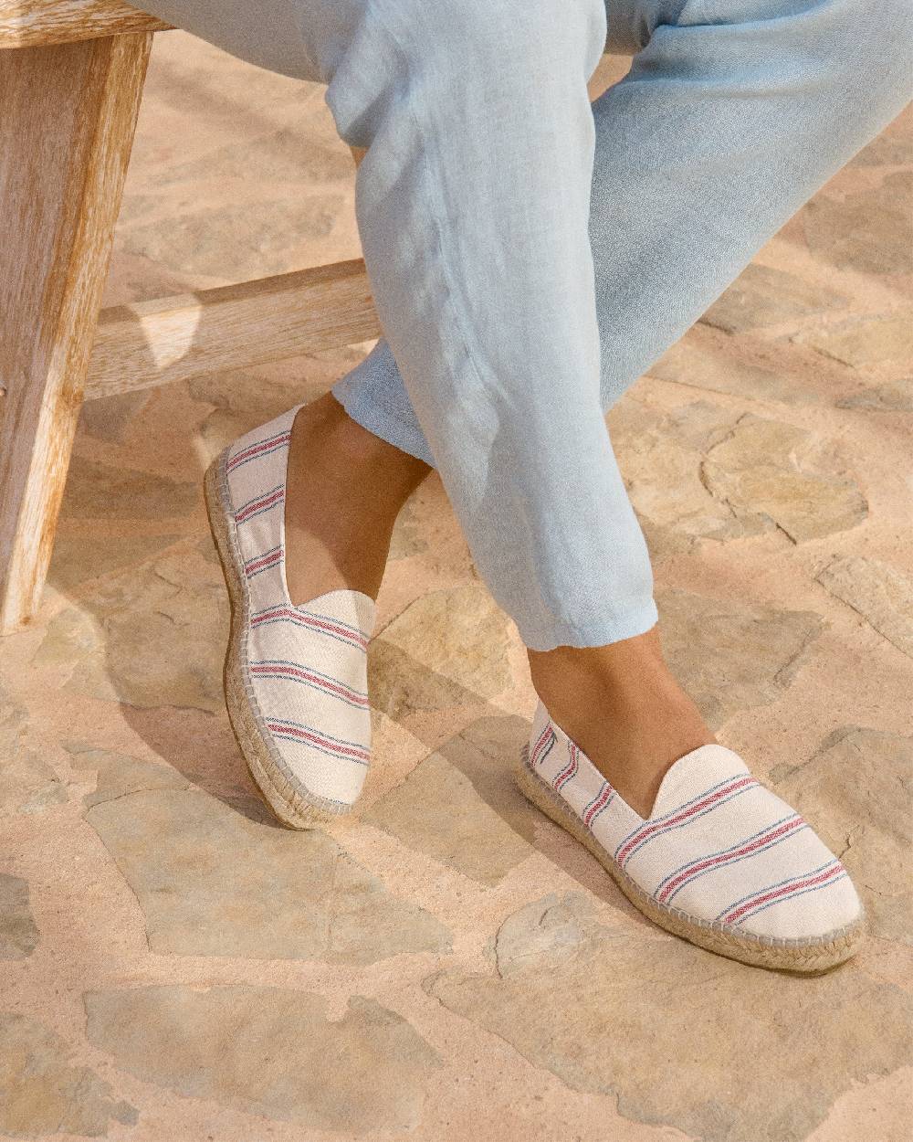 Manebí Recycled Cotton Canvas Espadrilles - Red \u0026 Navy Blue Micro Stripes On Beige Soddisfazione Garantita
