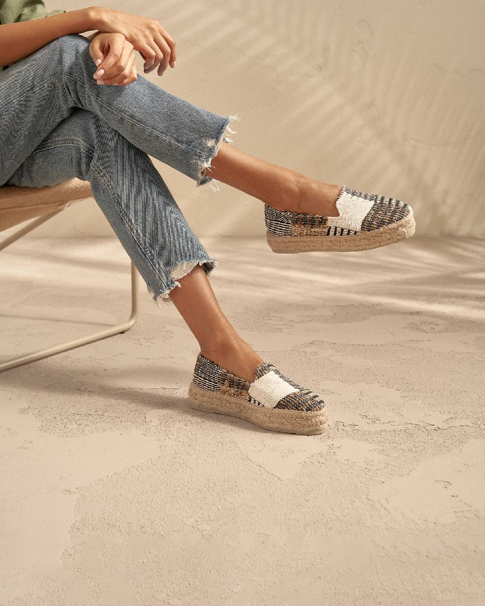 Manebí Silk And Cotton Patchwork|Double Sole Espadrilles - Yucatán White Natural And Black Italy