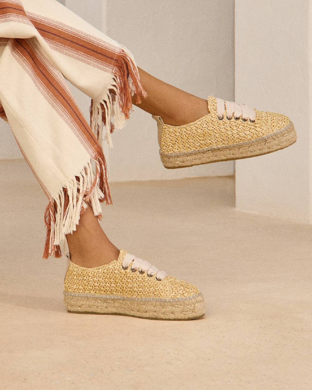 Manebí Raffia Lace-Up Espadrilles - Pink, Light Blue \u0026 Pastel Rose Laces Raffia Net Negozi Online