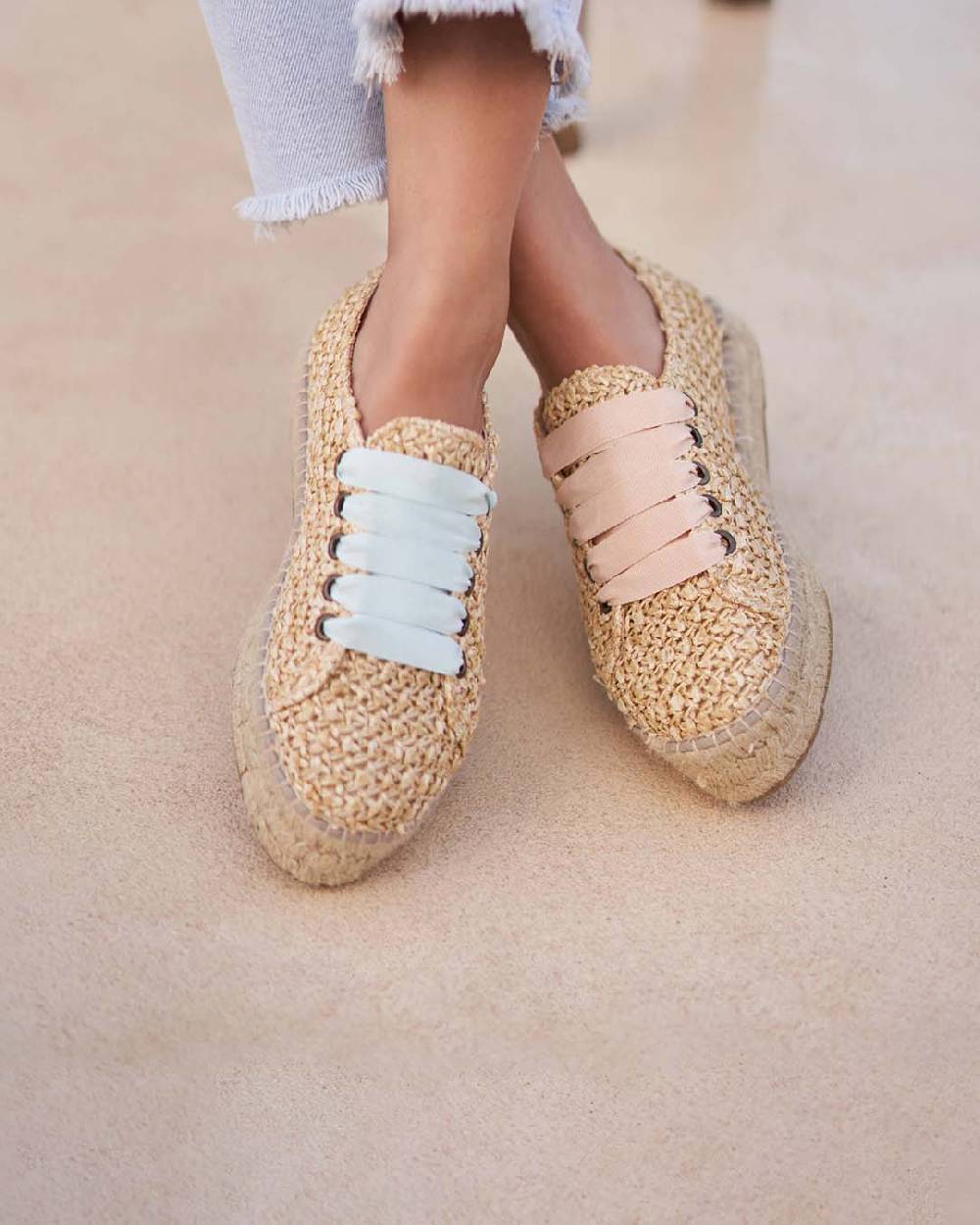 Manebí Raffia Lace-Up Espadrilles - Pink, Light Blue \u0026 Pastel Rose Laces Raffia Net Negozi Online