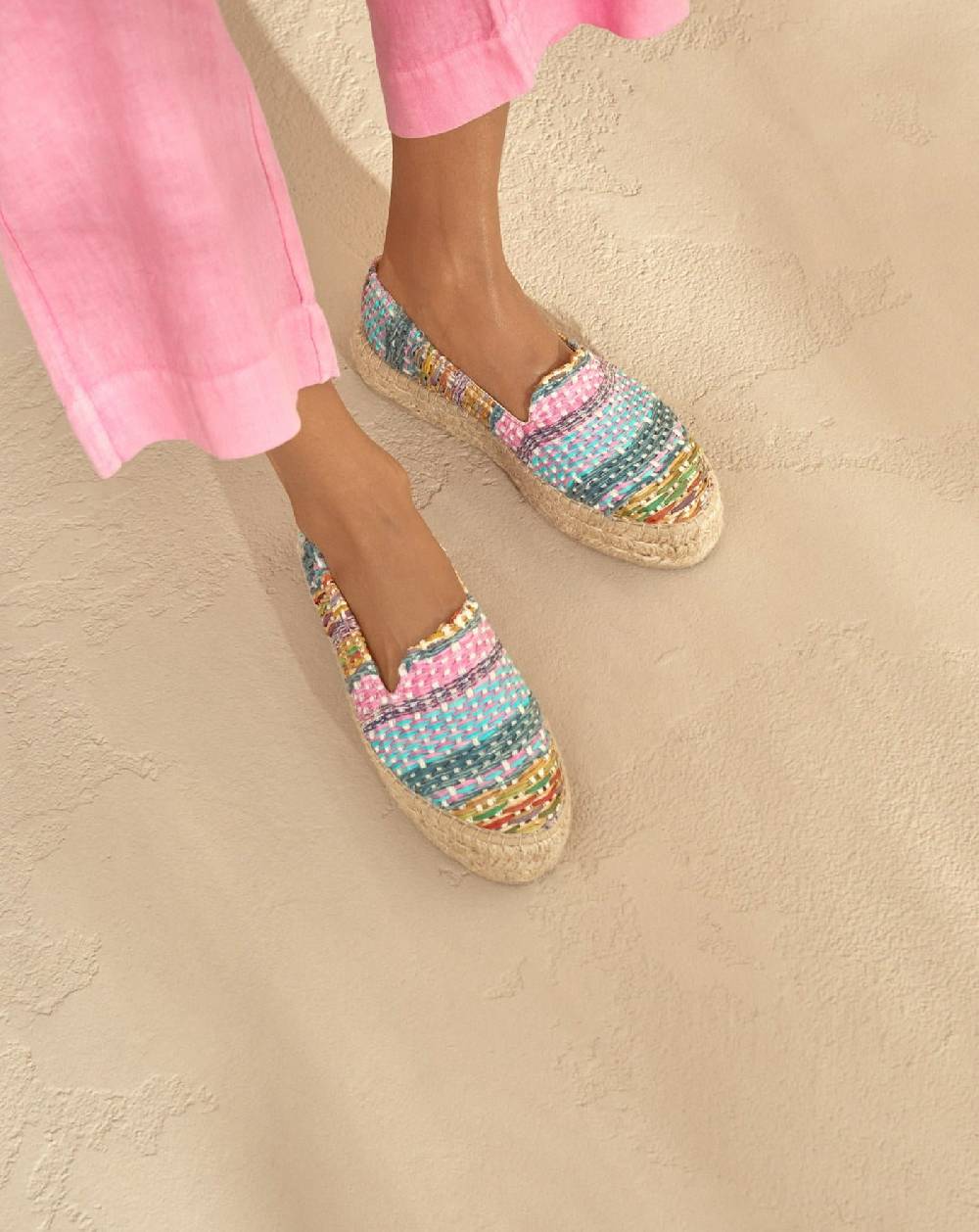 Manebí Raffia Jute Mix Double Sole Espadrilles - Acapulco Fucsia Blue Mix Consegna Veloce
