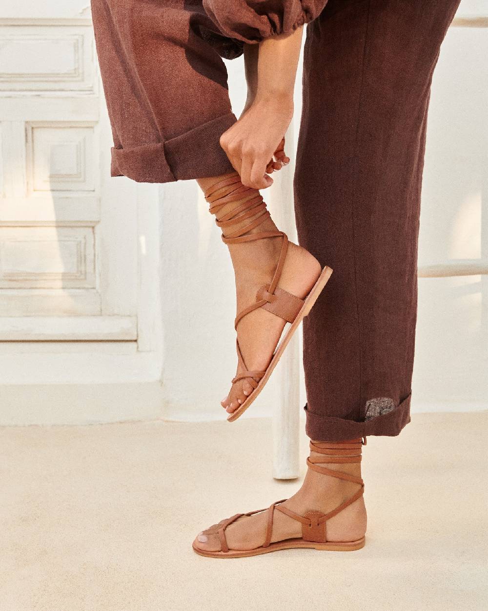 Manebí St. Tropez Leather Sandals - Tie-Up Tan Italy