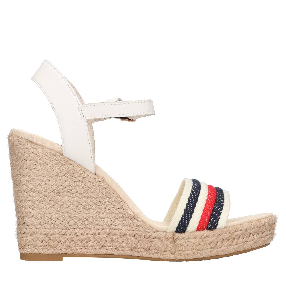 TOMMY HILFIGER Sandali con zeppa in pelle e tessuto Acquista Ora