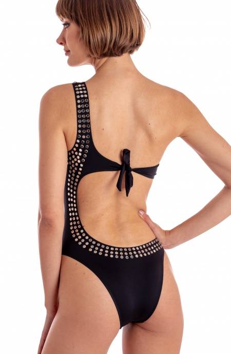Pin Up Stars COSTUME DA BAGNO INTERO IMBOTTITO MONOSPALLA CON CRISTALLI SPECCHIETTI Nuovo