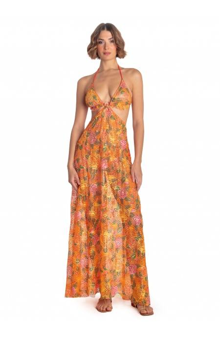 Pin Up Stars ABITO PAREO LUNGO PIZZO MACRAMÉ STAMPA FLOWER BIRD Nuova
