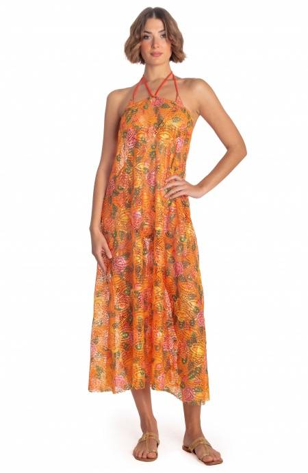 Pin Up Stars ABITO PAREO LUNGO PIZZO MACRAMÉ STAMPA FLOWER BIRD Nuova