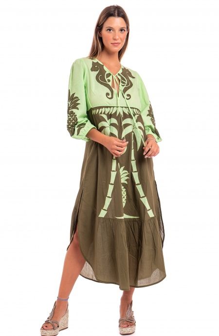 Pin Up Stars Abito Ricamato Manica Lunga Cotone Pineapple Patch Moda