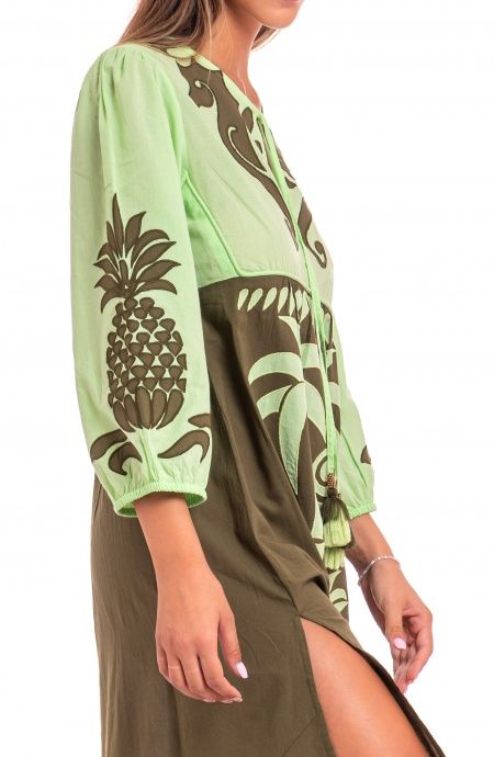 Pin Up Stars Abito Ricamato Manica Lunga Cotone Pineapple Patch Moda