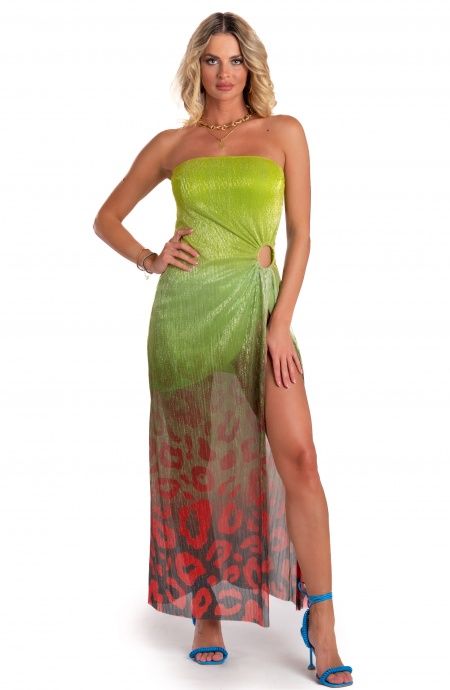 Pin Up Stars Abito Lungo Off-Shoulders Con Anella Crepon Lamè Stampa Macula Degradé Nuova