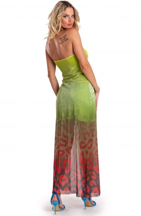 Pin Up Stars Abito Lungo Off-Shoulders Con Anella Crepon Lamè Stampa Macula Degradé Nuova