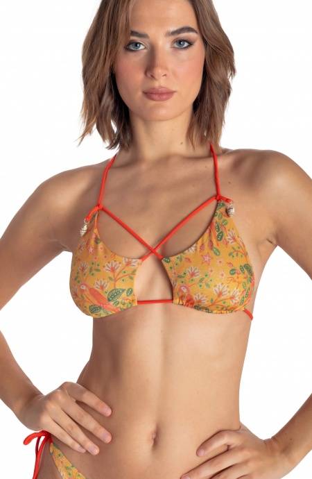 Pin Up Stars TOP BIKINI TRIANGOLO IMBOTTITO CON CONCHIGLIE STAMPA FLOWER BIRD Soddisfazione Garantita