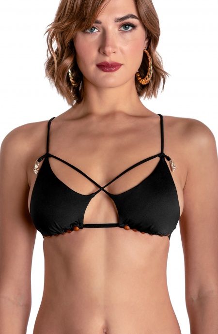Pin Up Stars TOP BIKINI TRIANGOLO IMBOTTITO CON PERLE E CONCHIGLIE TINTA UNITA Vendita Calda