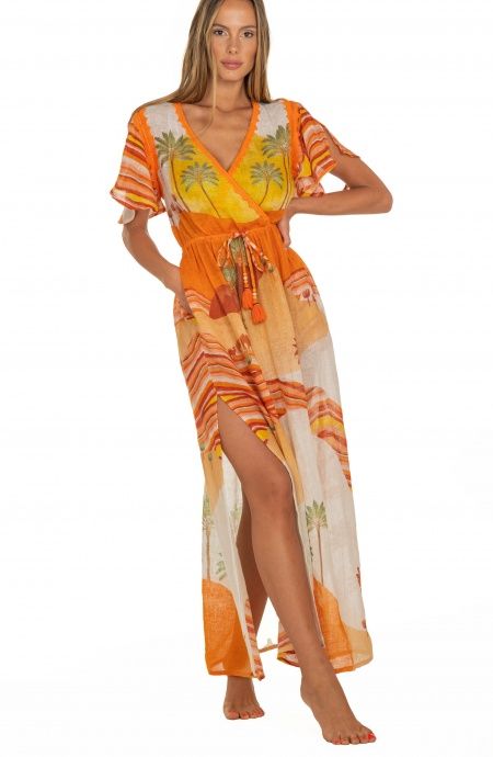 Pin Up Stars Long Dress Scollo a V In Garza Stampa Dune Vendite Flash
