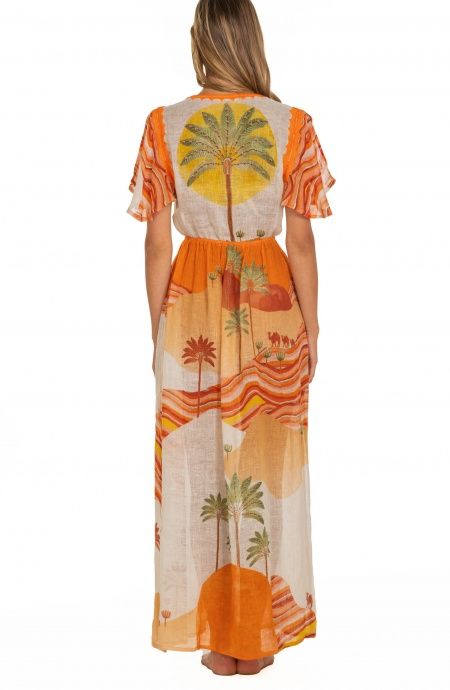 Pin Up Stars Long Dress Scollo a V In Garza Stampa Dune Vendite Flash